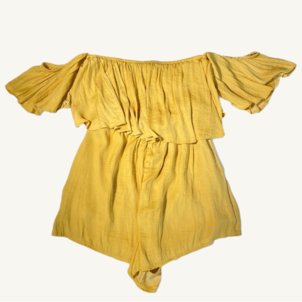 Forever 21 Satin Yellow Off Shoulder Romper Shorts Size Small